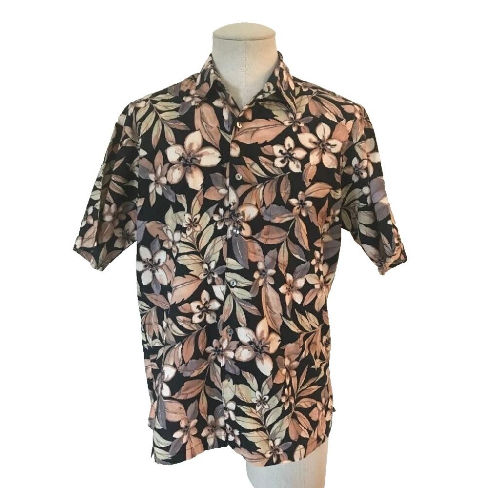 TORI RICHARD Short Sleeve Shirt Sz Medium Hawaiian Cotton Lawn Black Tan Floral